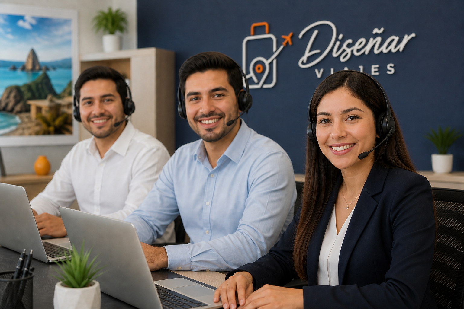 Equipo de asesores de viajes atendiendo consultas con auriculares